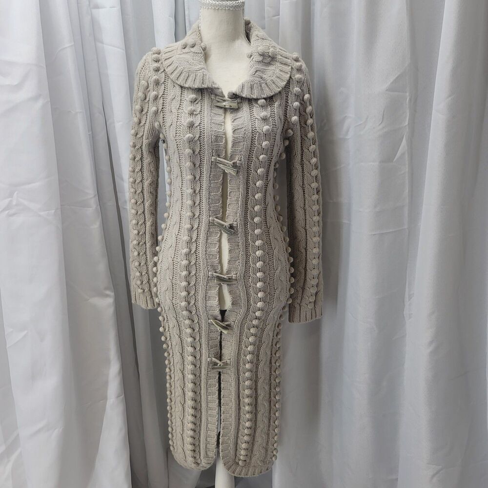 VTG Frost S Cable Knit Pom Pom Toggle Longline Duster Sweater Rabbit Lambswool